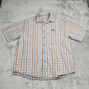 Carhartt Button Down Shirt Size Large Mens Brown Plaid Leather Logo Patch
